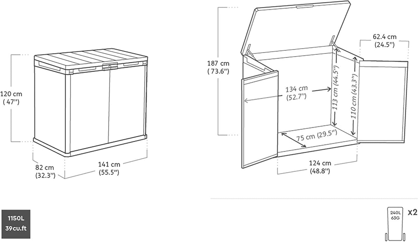 Store-It-Out Darwin 1150L Outdoor Storage Box – Ashwood Brown | Lockable Garden Shed for 2 X 240L Wheelie Bins, Tools & BBQ Accessories | Hydraulic Lid | Weatherproof Wood-Effect Resin