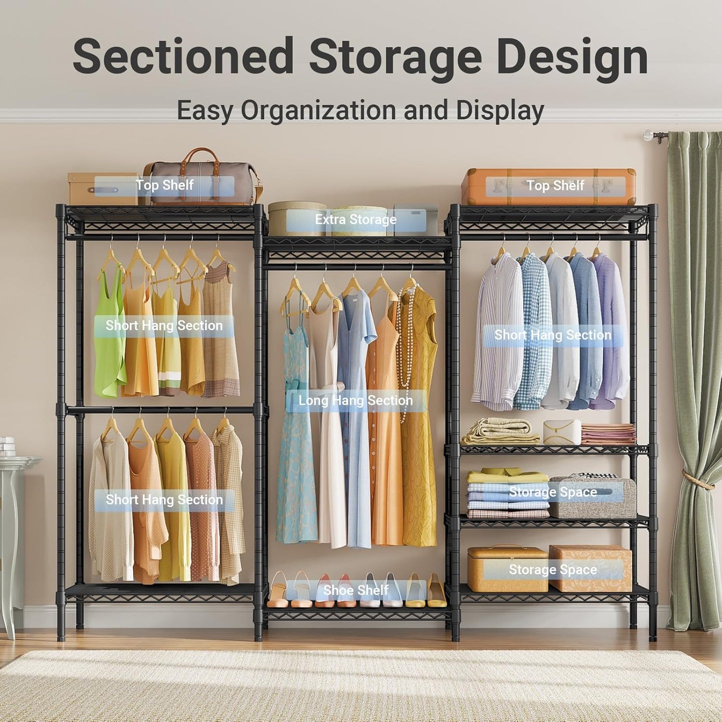 V5 plus Large Portable Wardrobe Rack Freestanding Wardrobe, Multifunctional Clothes Rack, Heavy Duty Metal Clothes Rack for Hanging Clothes, 85 X 15.7 Inch W X 76 H, Black