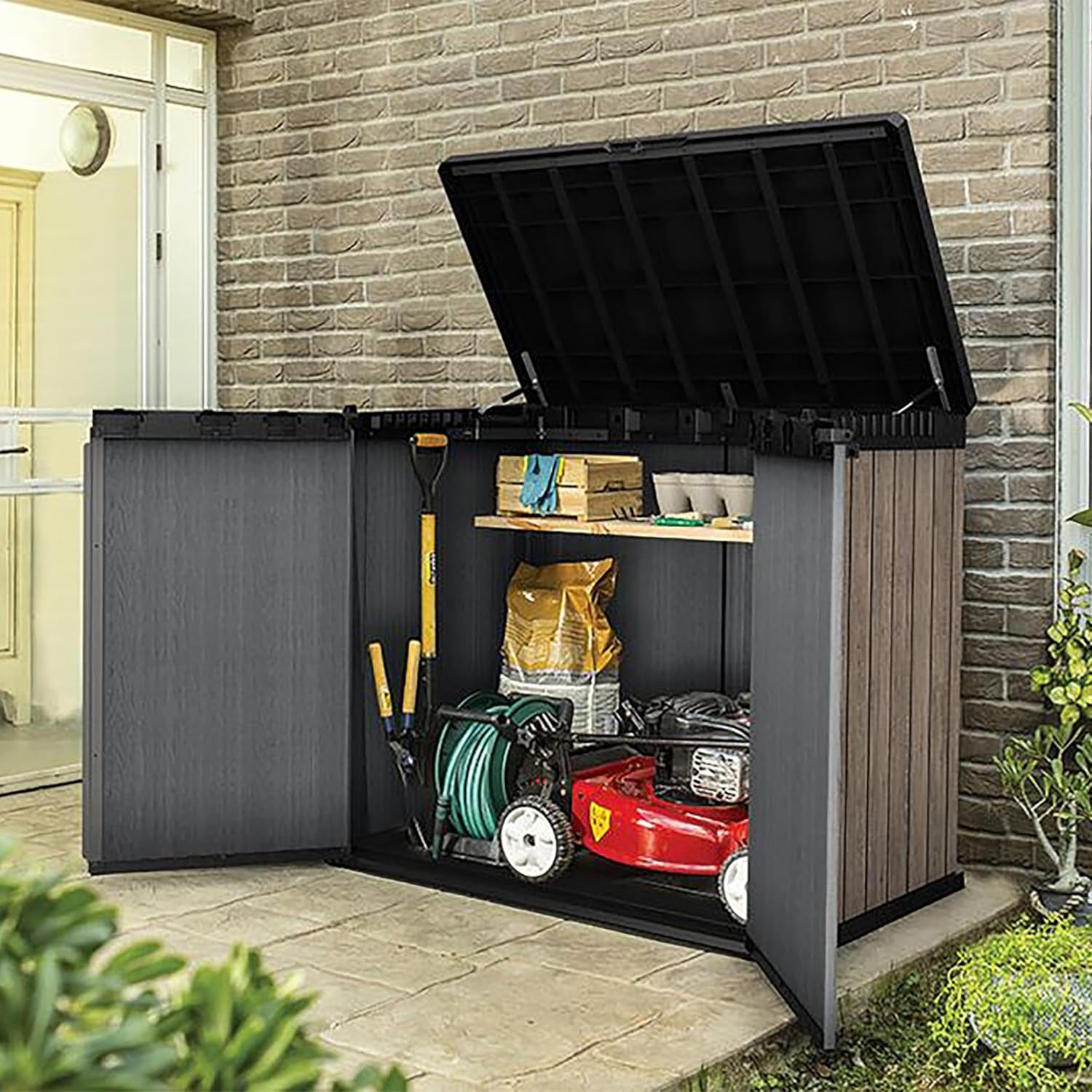 Store-It-Out Darwin 1150L Outdoor Storage Box – Ashwood Brown | Lockable Garden Shed for 2 X 240L Wheelie Bins, Tools & BBQ Accessories | Hydraulic Lid | Weatherproof Wood-Effect Resin