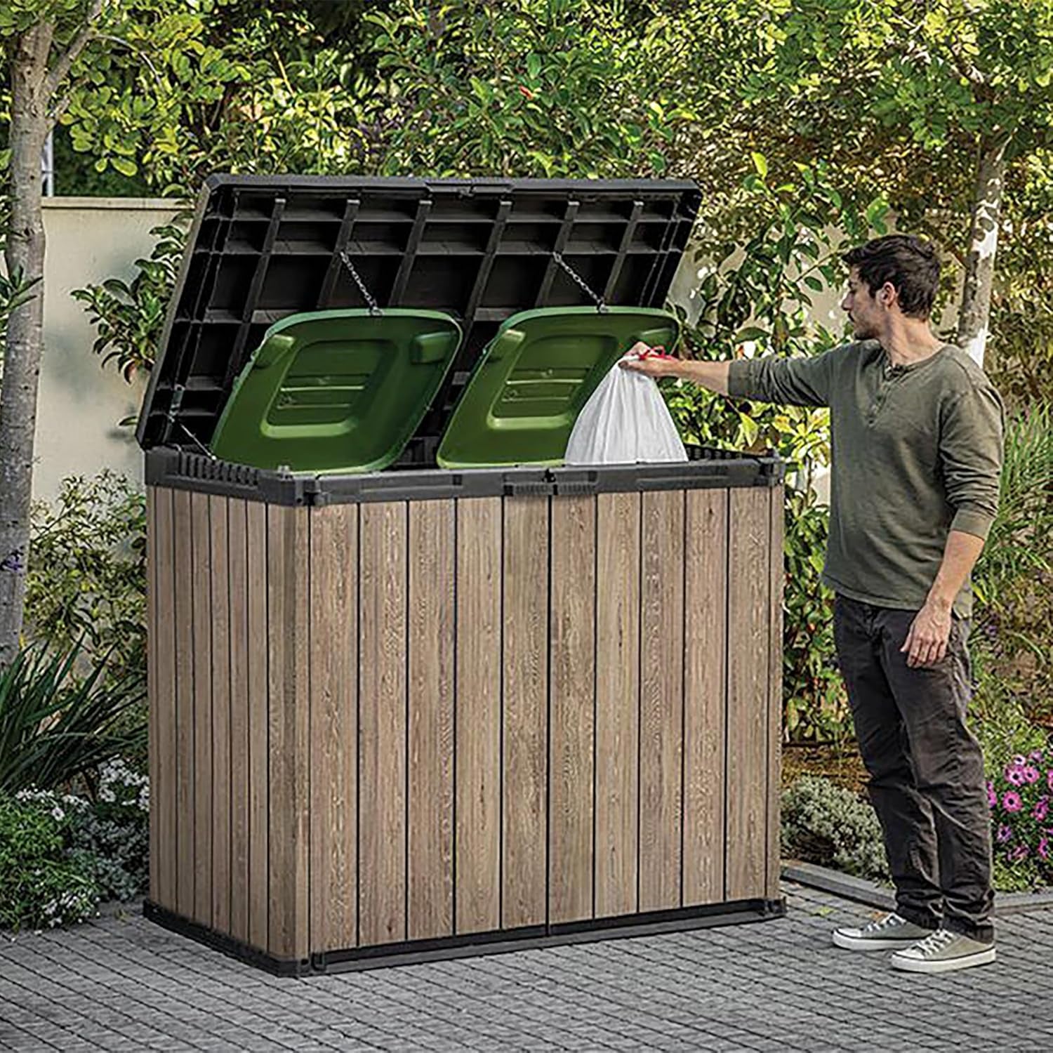 Store-It-Out Darwin 1150L Outdoor Storage Box – Ashwood Brown | Lockable Garden Shed for 2 X 240L Wheelie Bins, Tools & BBQ Accessories | Hydraulic Lid | Weatherproof Wood-Effect Resin