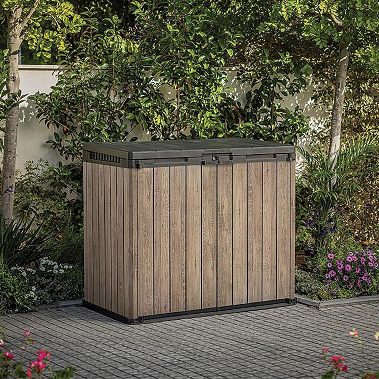 Store-It-Out Darwin 1150L Outdoor Storage Box – Ashwood Brown | Lockable Garden Shed for 2 X 240L Wheelie Bins, Tools & BBQ Accessories | Hydraulic Lid | Weatherproof Wood-Effect Resin