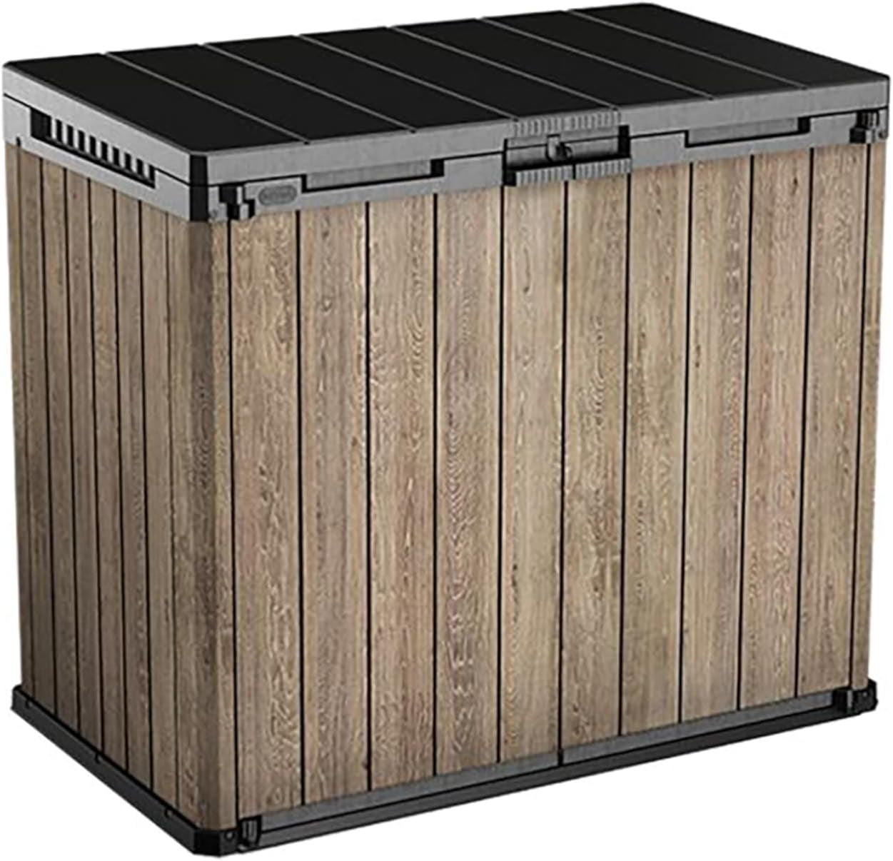 Store-It-Out Darwin 1150L Outdoor Storage Box – Ashwood Brown | Lockable Garden Shed for 2 X 240L Wheelie Bins, Tools & BBQ Accessories | Hydraulic Lid | Weatherproof Wood-Effect Resin