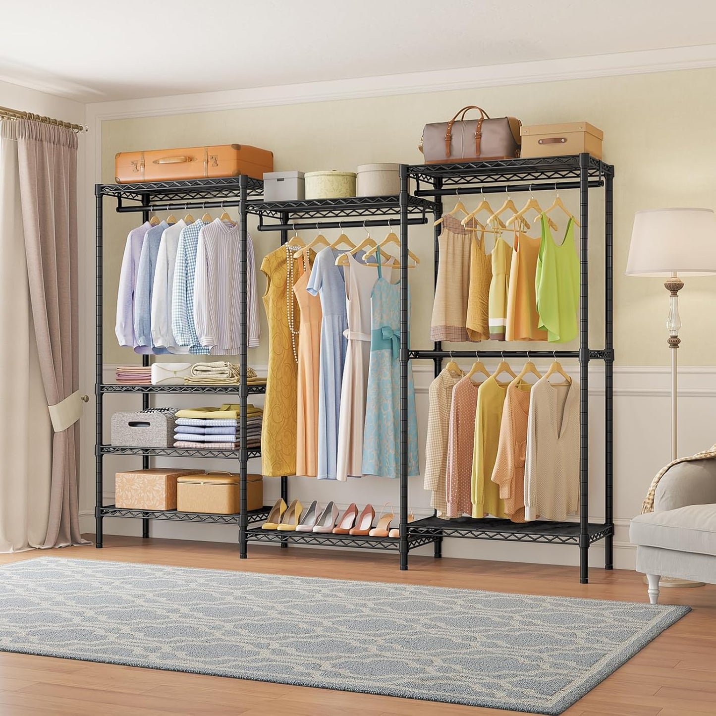 V5 plus Large Portable Wardrobe Rack Freestanding Wardrobe, Multifunctional Clothes Rack, Heavy Duty Metal Clothes Rack for Hanging Clothes, 85 X 15.7 Inch W X 76 H, Black