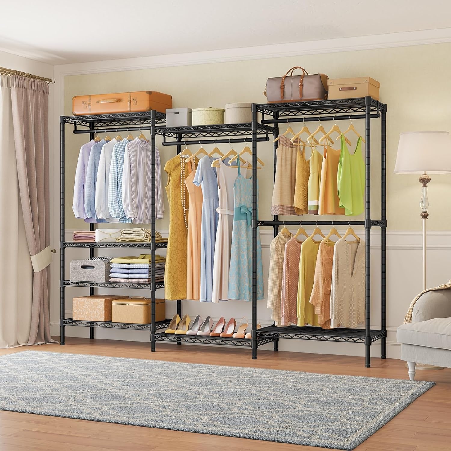 V5 plus Large Portable Wardrobe Rack Freestanding Wardrobe, Multifunctional Clothes Rack, Heavy Duty Metal Clothes Rack for Hanging Clothes, 85 X 15.7 Inch W X 76 H, Black