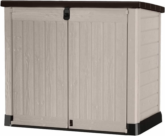 Store It Out Pro Outdoor Garden Furniture Storage Shed Beige with Brown Lid Fade Free All Weather Resistant Safe and Secure Zero Maintenance 5 Year Warranty